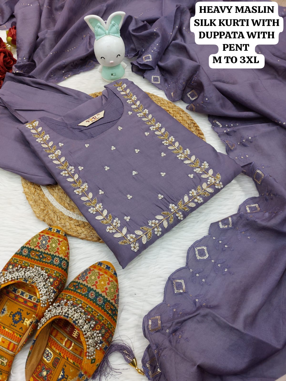 Heavy Maslin silk kurti with duppata with pent 